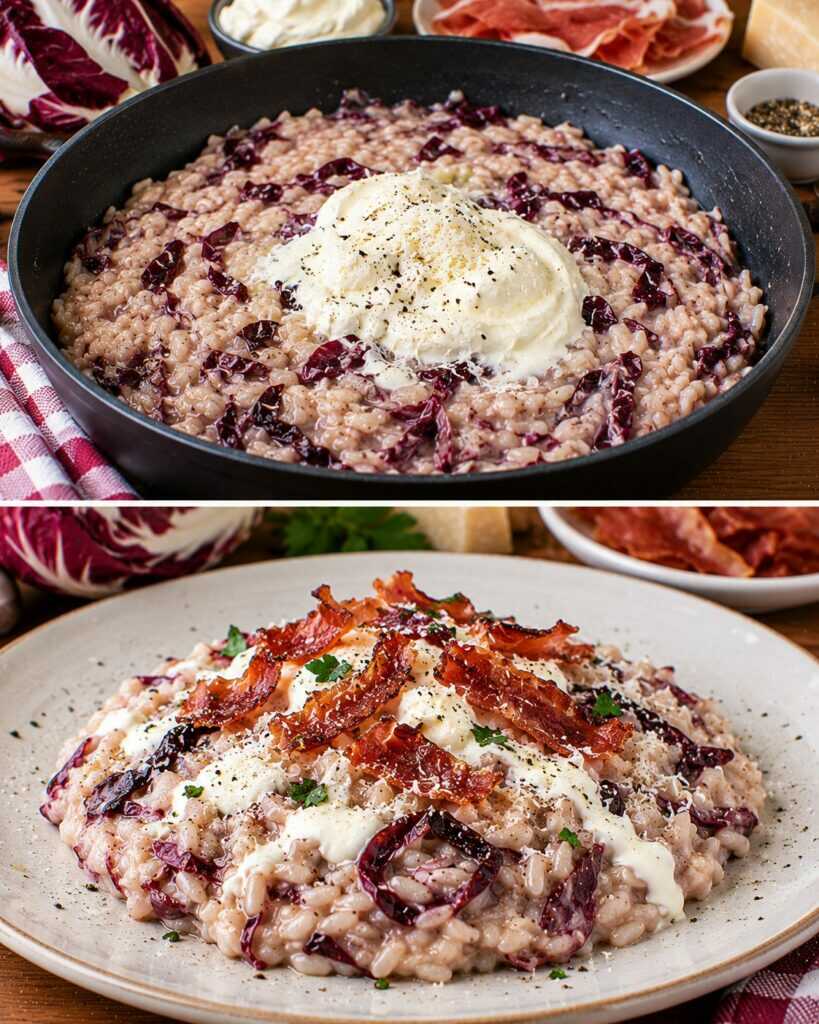 Risotto al Radicchio con Crema di Mascarpone e Speck Croccante