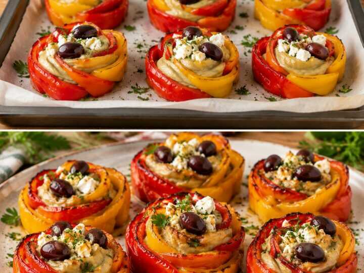 Peperoni a Rosetta con Crema di Melanzane, Feta e Olive Taggiasche