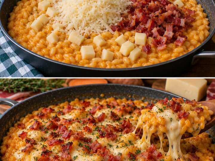 Orzotto Cremoso con Crema di Patate Dolci, Speck Croccante e Fonduta di Asiago