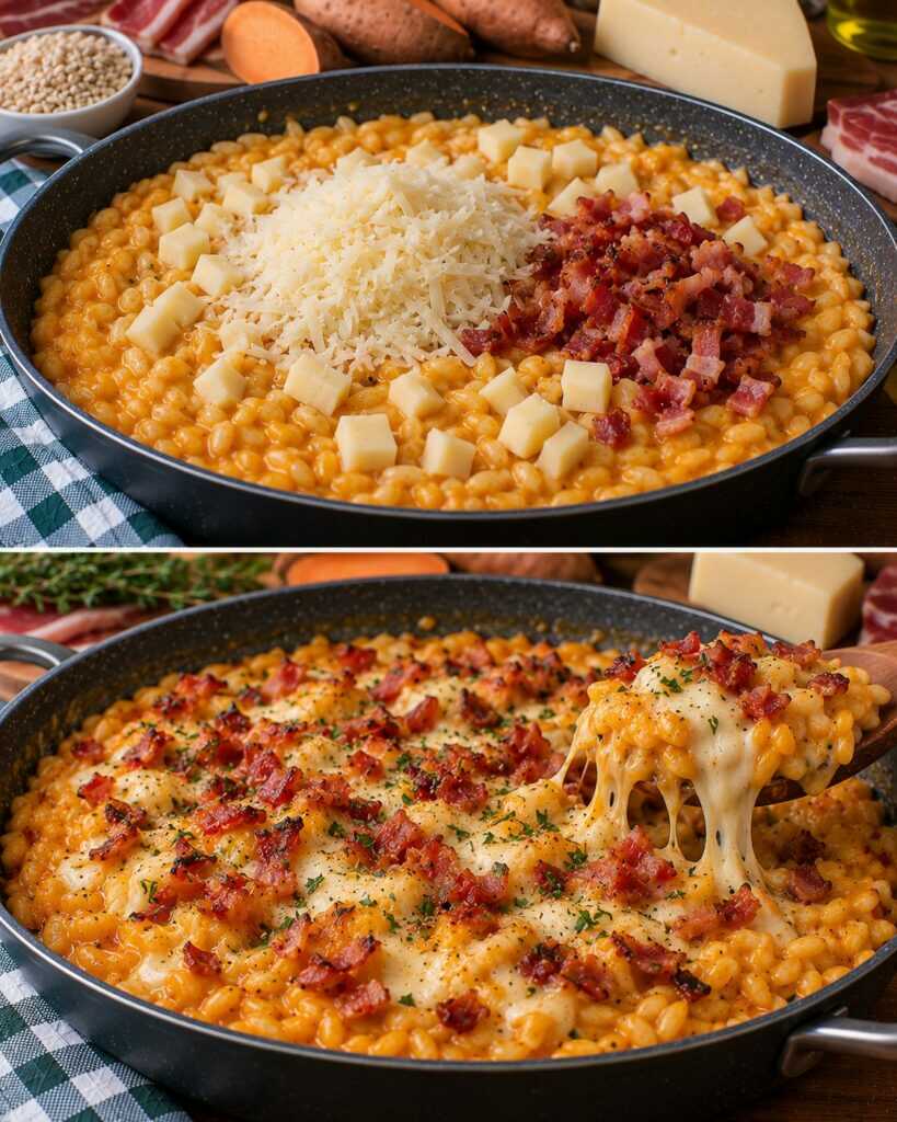 Orzotto Cremoso con Crema di Patate Dolci, Speck Croccante e Fonduta di Asiago