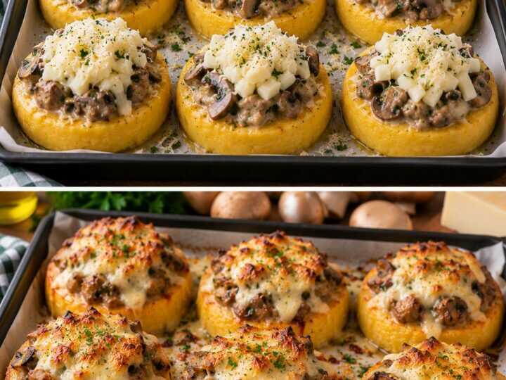 Mini Tortini di Polenta con Ragù Bianco di Funghi e Provolone