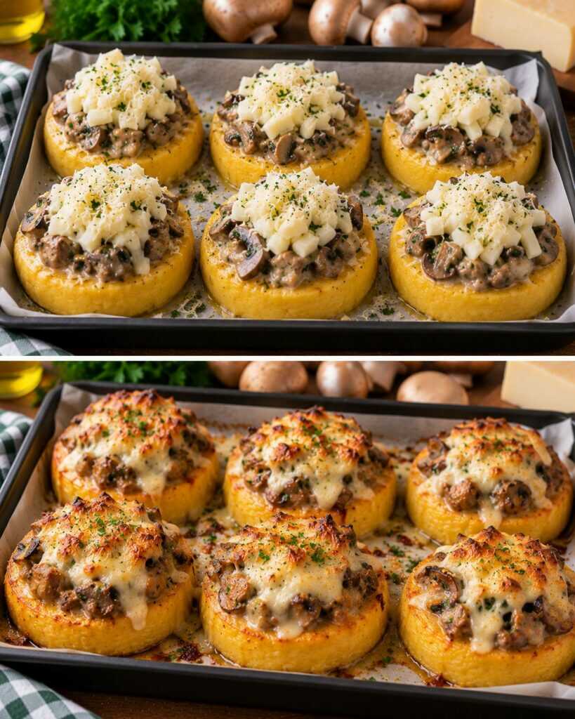Mini Tortini di Polenta con Ragù Bianco di Funghi e Provolone