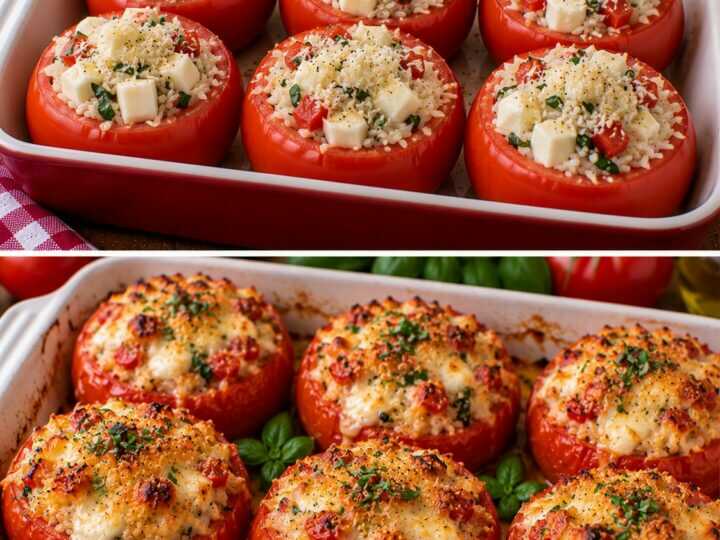 Pomodori Gratinati Ripieni di Riso, Basilico e Mozzarella