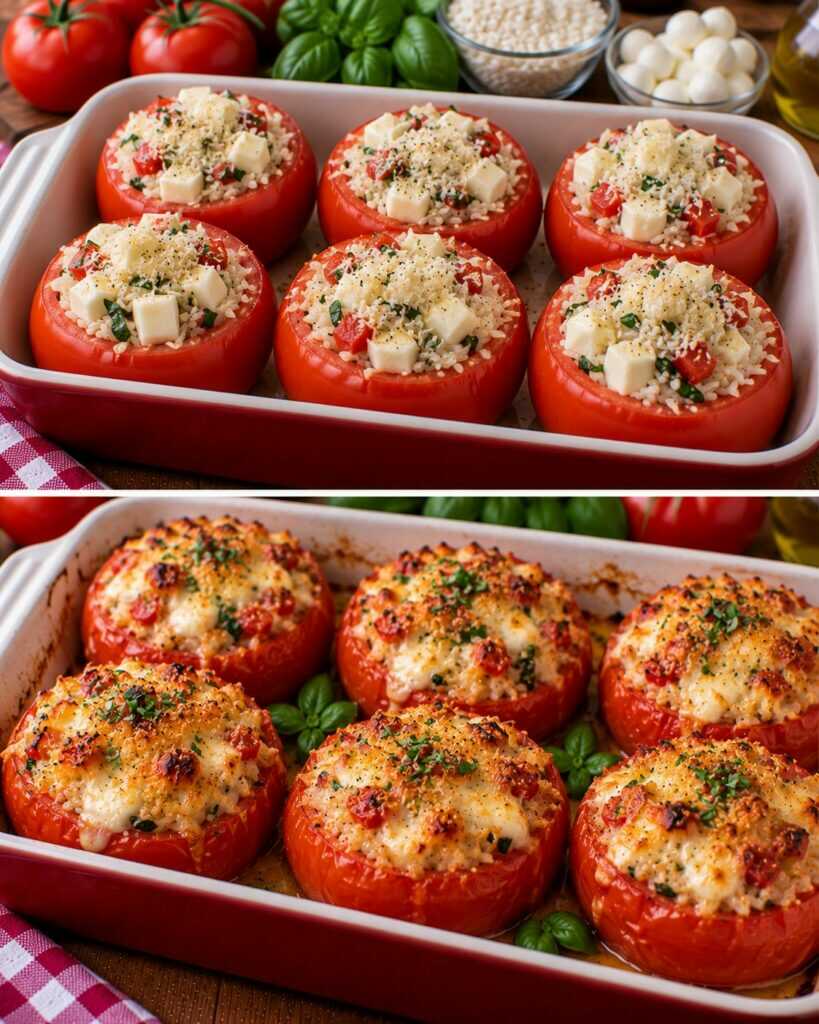 Pomodori Gratinati Ripieni di Riso, Basilico e Mozzarella