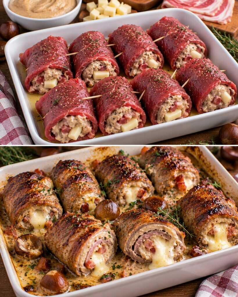 Involtini di Manzo con Crema di Castagne, Pancetta e Provolone
