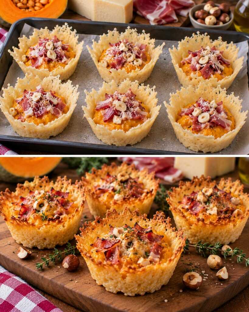 Cestini di Parmigiano con Crema di Zucca, Speck e Nocciole