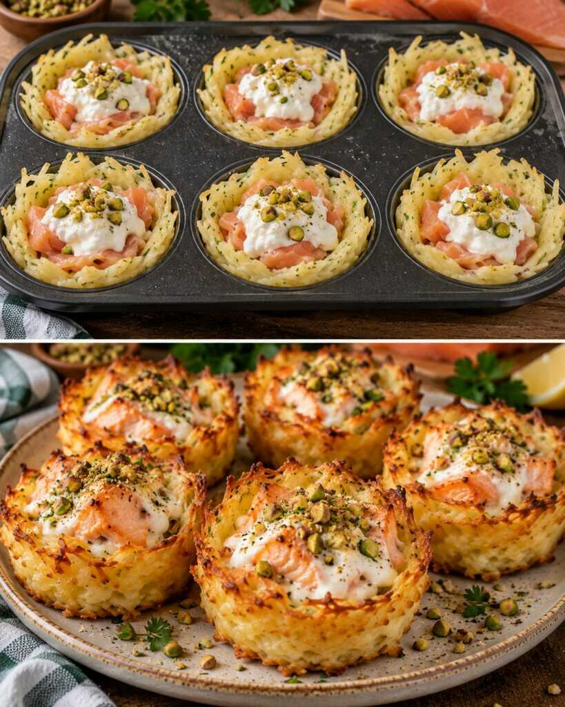 Cestini di Patate con Salmone, Stracciatella e Pistacchi