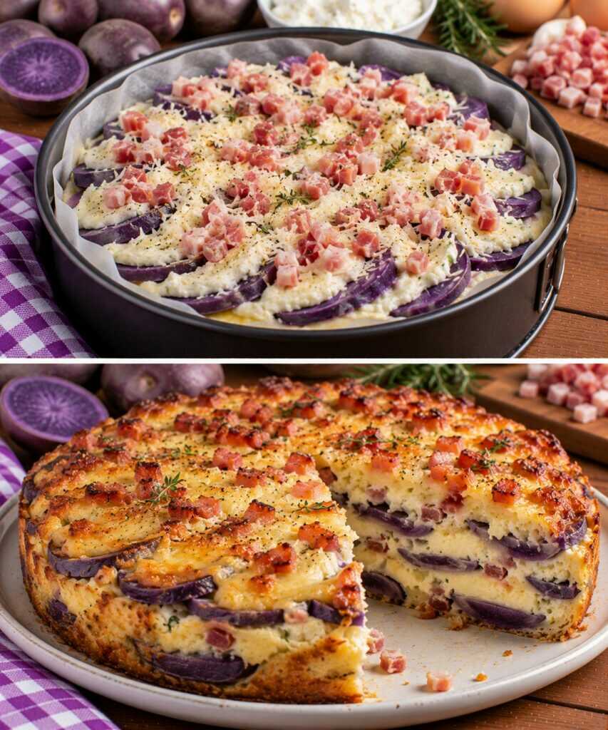 Frittata al Forno a Strati con Patate Viola, Ricotta e Pancetta