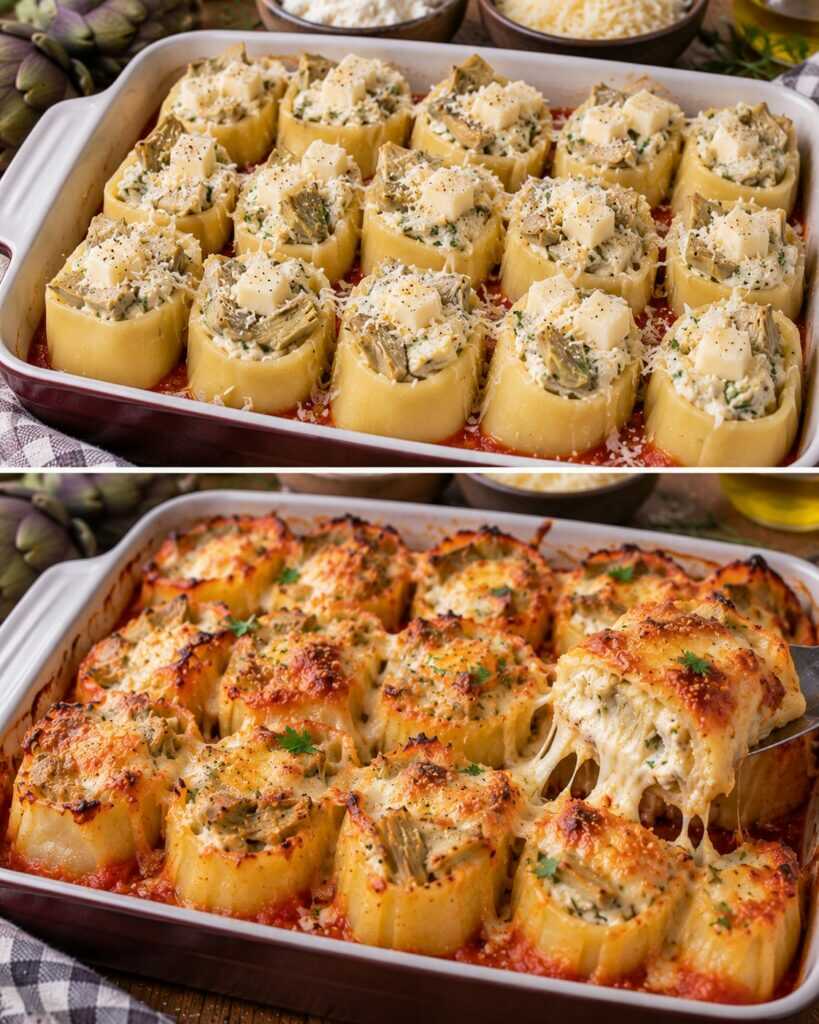 Paccheri al Forno Ripieni di Ricotta, Carciofi e Scamorza