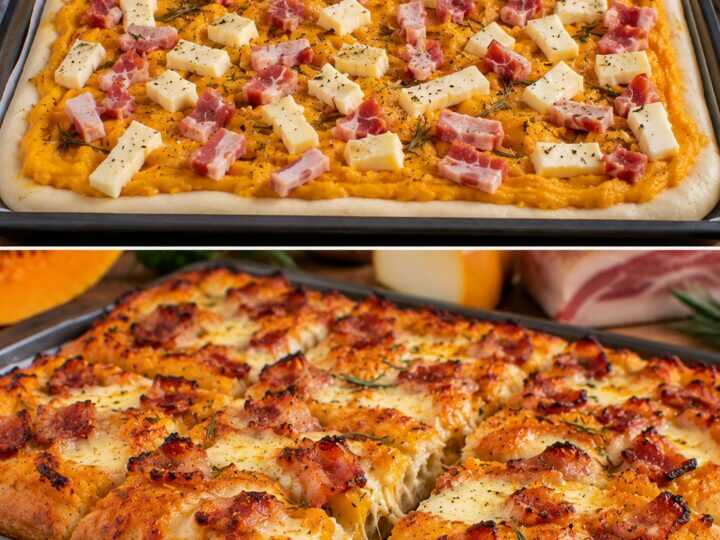 Pizza in Teglia con Crema di Zucca, Guanciale e Scamorza Affumicata