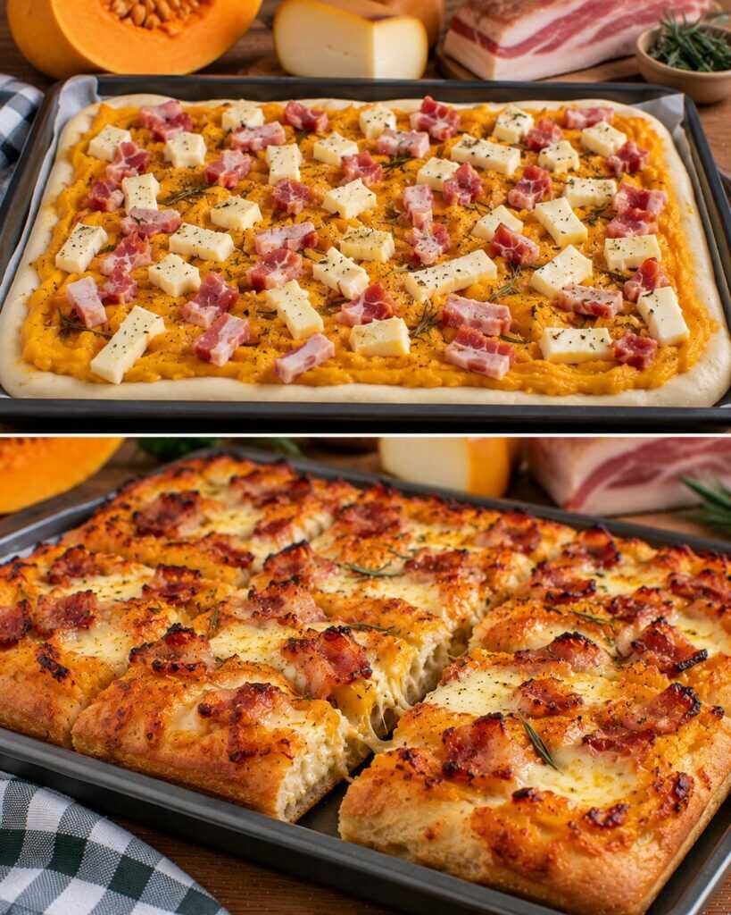 Pizza in Teglia con Crema di Zucca, Guanciale e Scamorza Affumicata