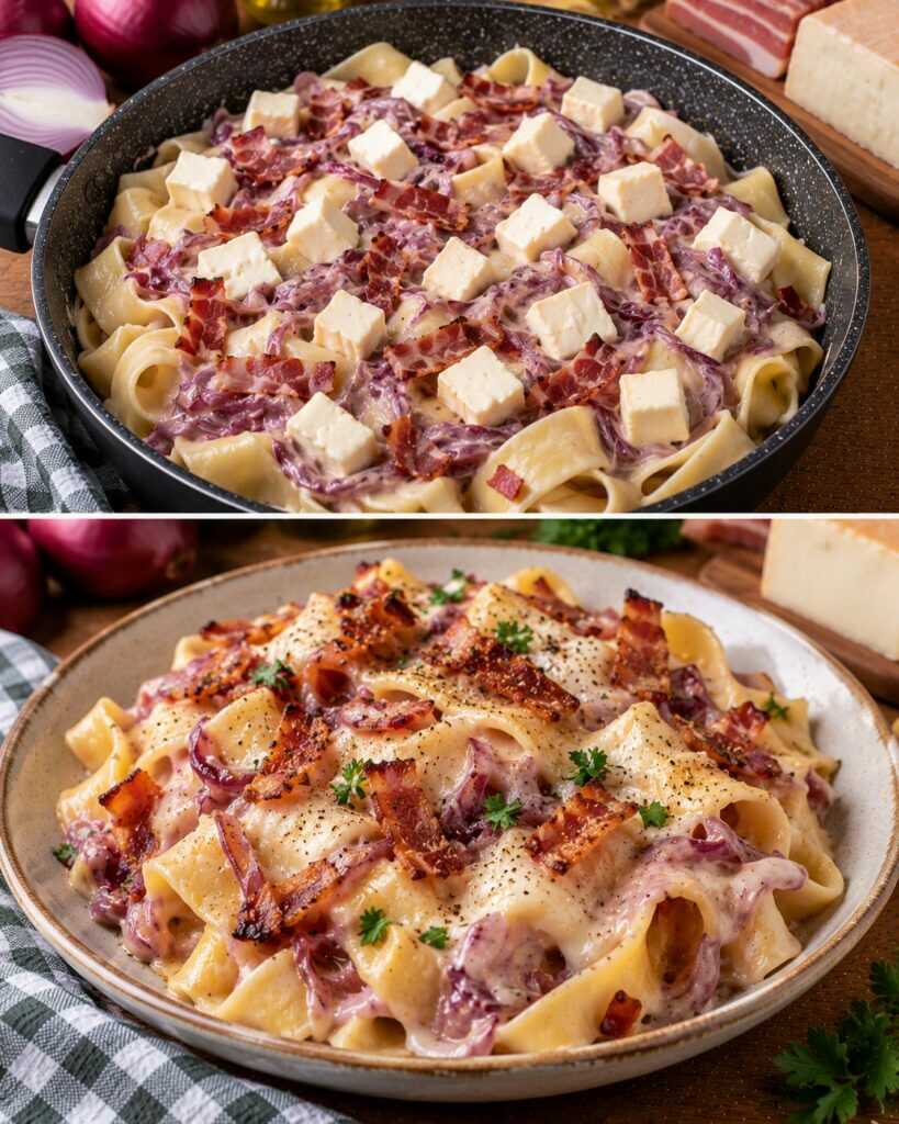 🍝 Pappardelle con Crema di Cipolle Rosse, Speck e Taleggio