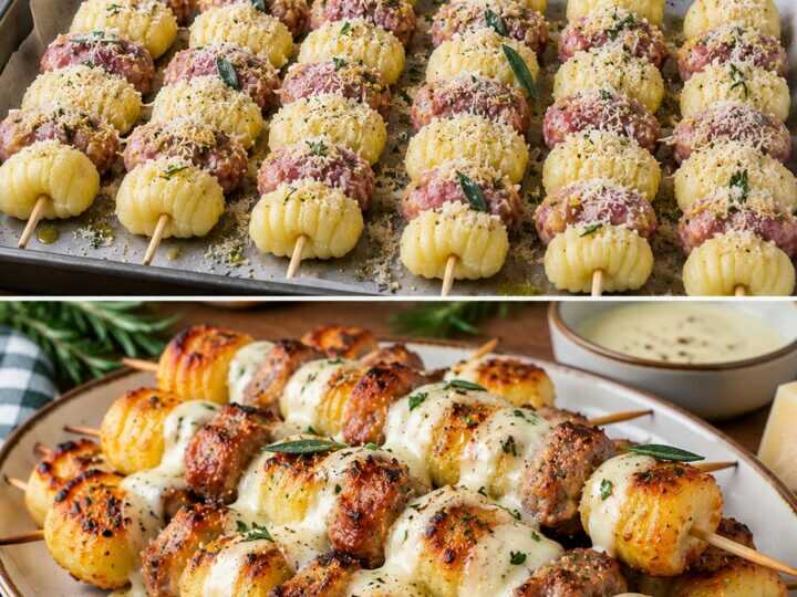 Spiedini Croccanti di Gnocchi di Patate con Salsiccia e Fonduta di Pecorino