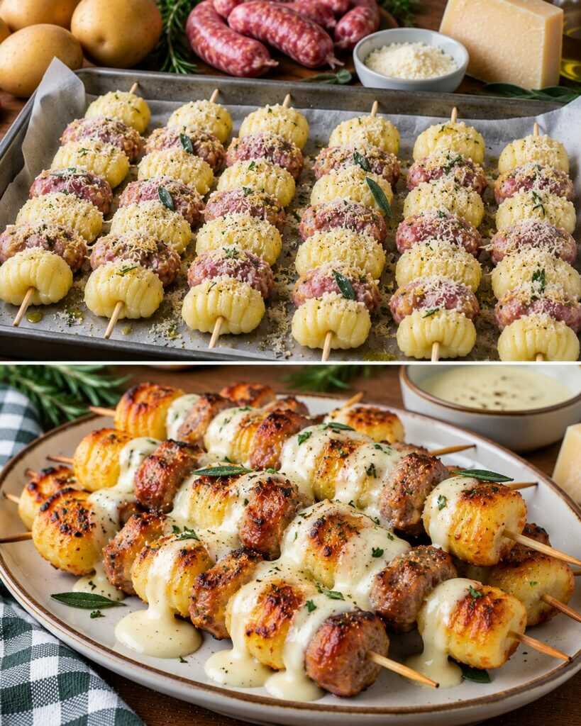 Spiedini Croccanti di Gnocchi di Patate con Salsiccia e Fonduta di Pecorino