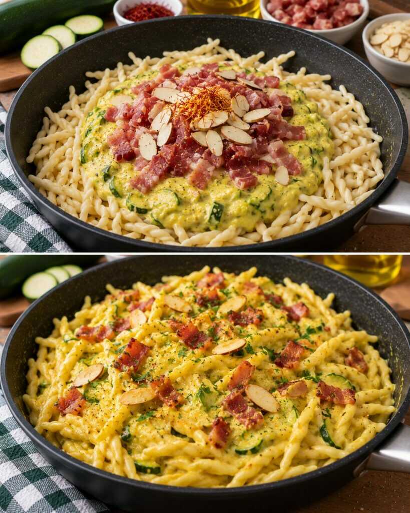 Trofie con Crema di Zucchine allo Zafferano, Speck e Mandorle 🍝