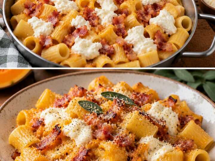 🍝 Mezze Maniche con Crema di Zucca, Guanciale e Burrata
