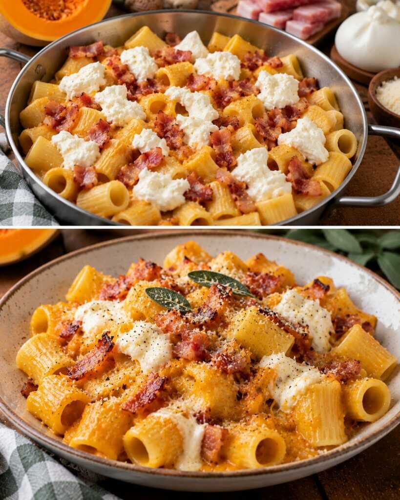 🍝 Mezze Maniche con Crema di Zucca, Guanciale e Burrata