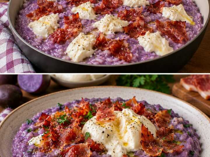 Risotto Cremoso alla Crema di Patate Viola con Speck Croccante e Burrata