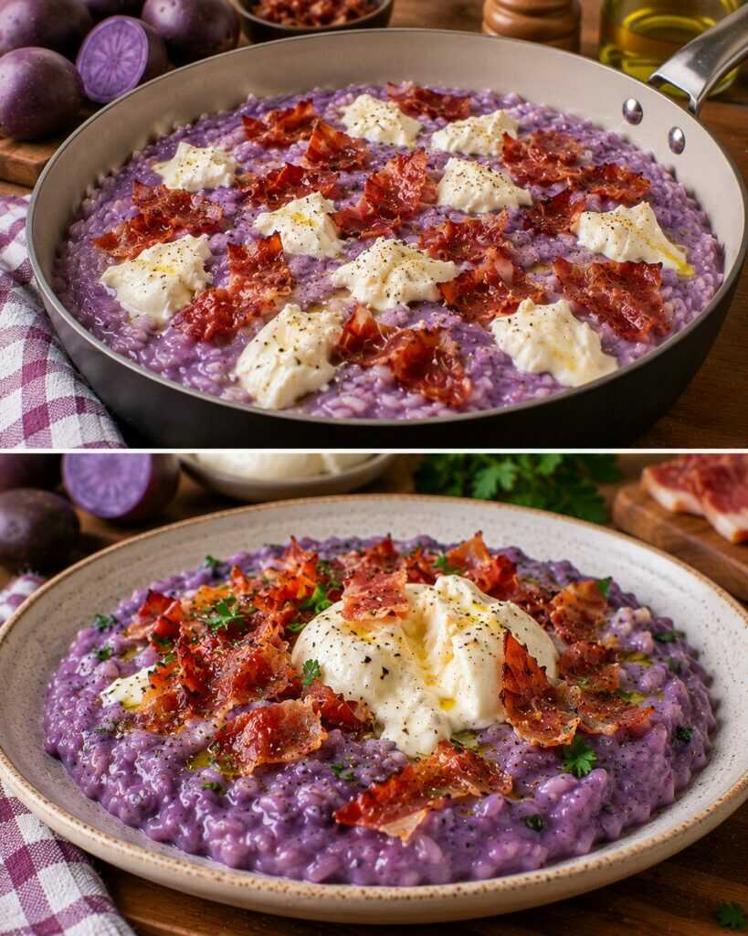 Risotto Cremoso alla Crema di Patate Viola con Speck Croccante e Burrata