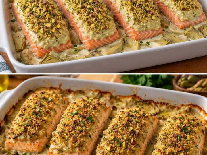 🐟 Salmone al Forno con Crema di Carciofi e Crosta di Pistacchi