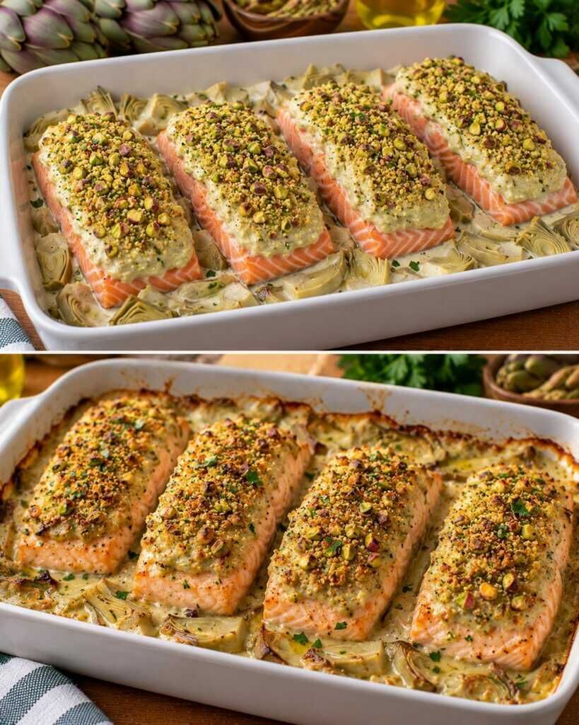 🐟 Salmone al Forno con Crema di Carciofi e Crosta di Pistacchi