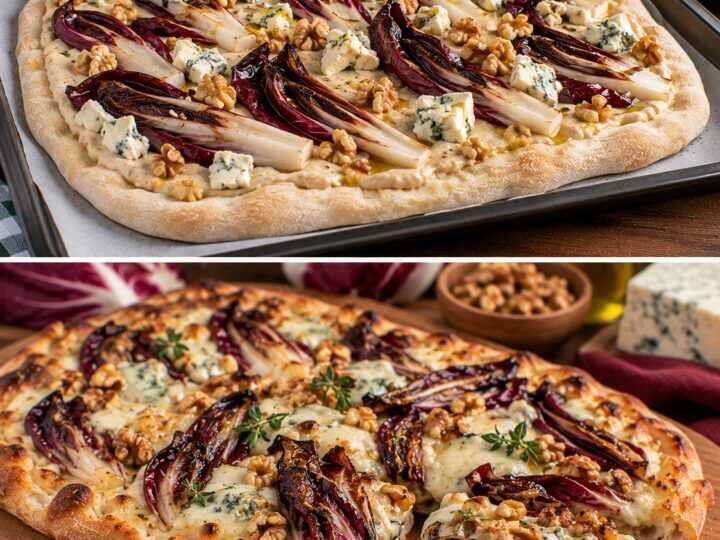 Pinsa con Radicchio Tardivo Grigliato, Crema di Noci e Gorgonzola Piccante