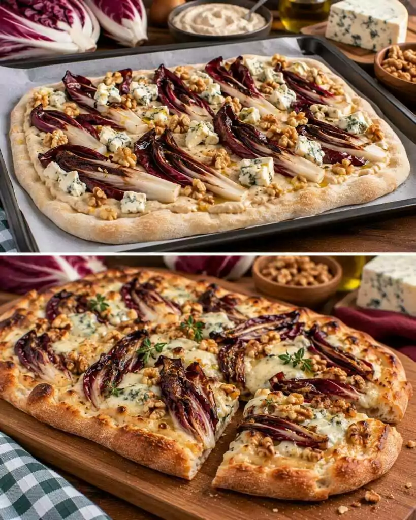 Pinsa con Radicchio Tardivo Grigliato, Crema di Noci e Gorgonzola Piccante
