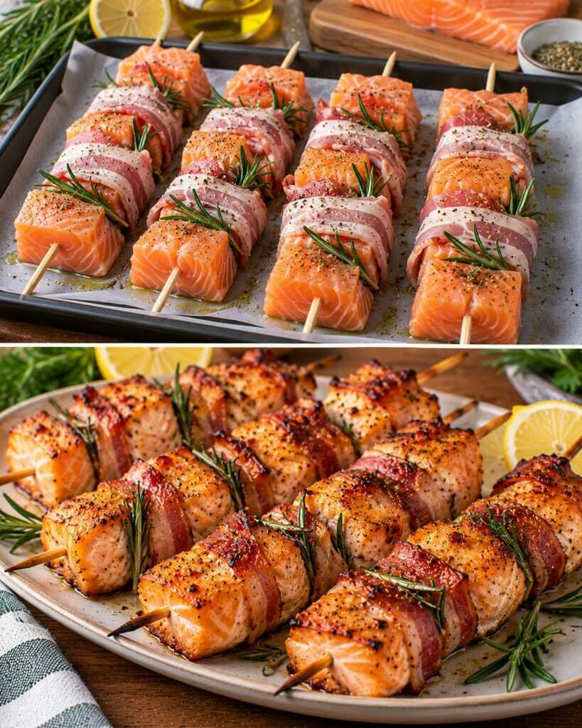 Spiedini di Salmone con Pancetta Croccante e Rosmarino