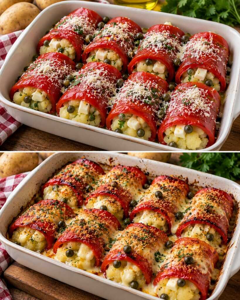 Peperoni Arrotolati con Patate, Provola e Capperi
