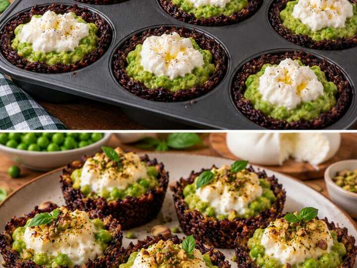 Cestini Croccanti di Riso Venere con Crema di Piselli e Burrata