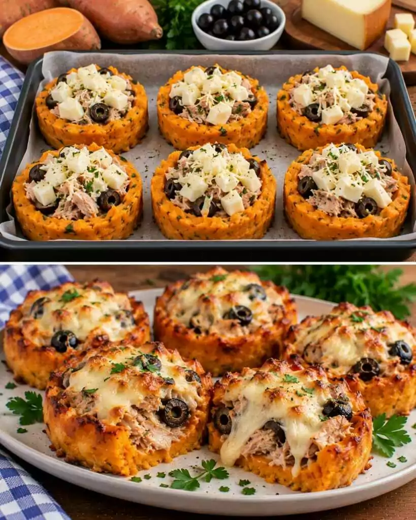 Tortini di Sgombro con Patate Dolci, Olive Nere e Scamorza