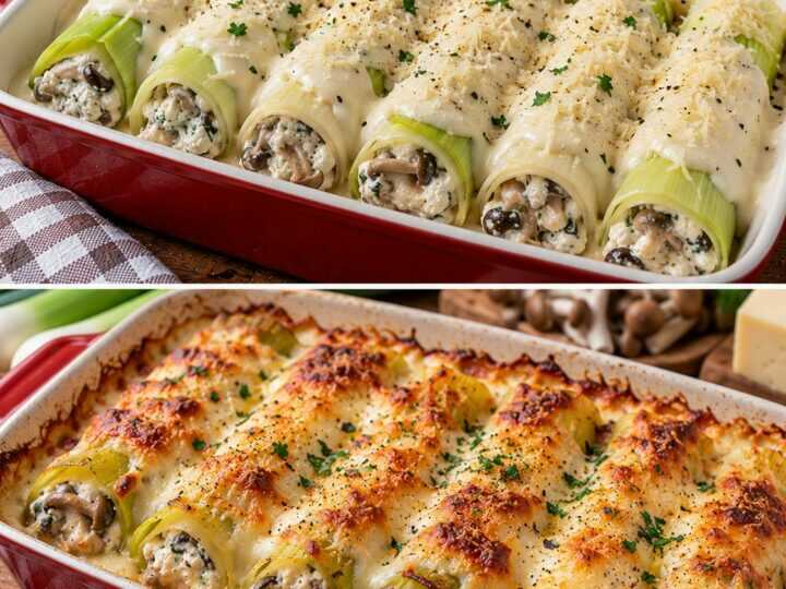 Porri a Cannellone con Ricotta, Funghi Chiodini e Fonduta di Montasio