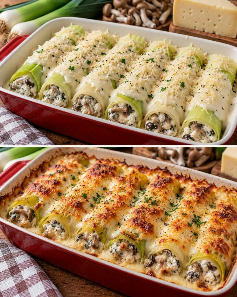 Porri a Cannellone con Ricotta, Funghi Chiodini e Fonduta di Montasio