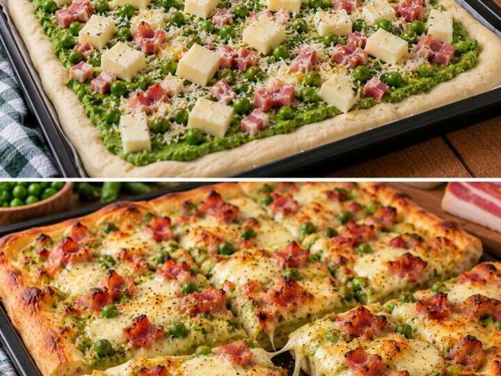Pizza al Forno con Crema di Piselli, Pancetta e Provolone