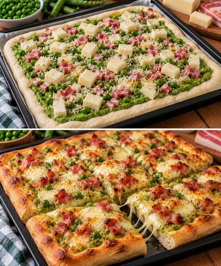 Pizza al Forno con Crema di Piselli, Pancetta e Provolone