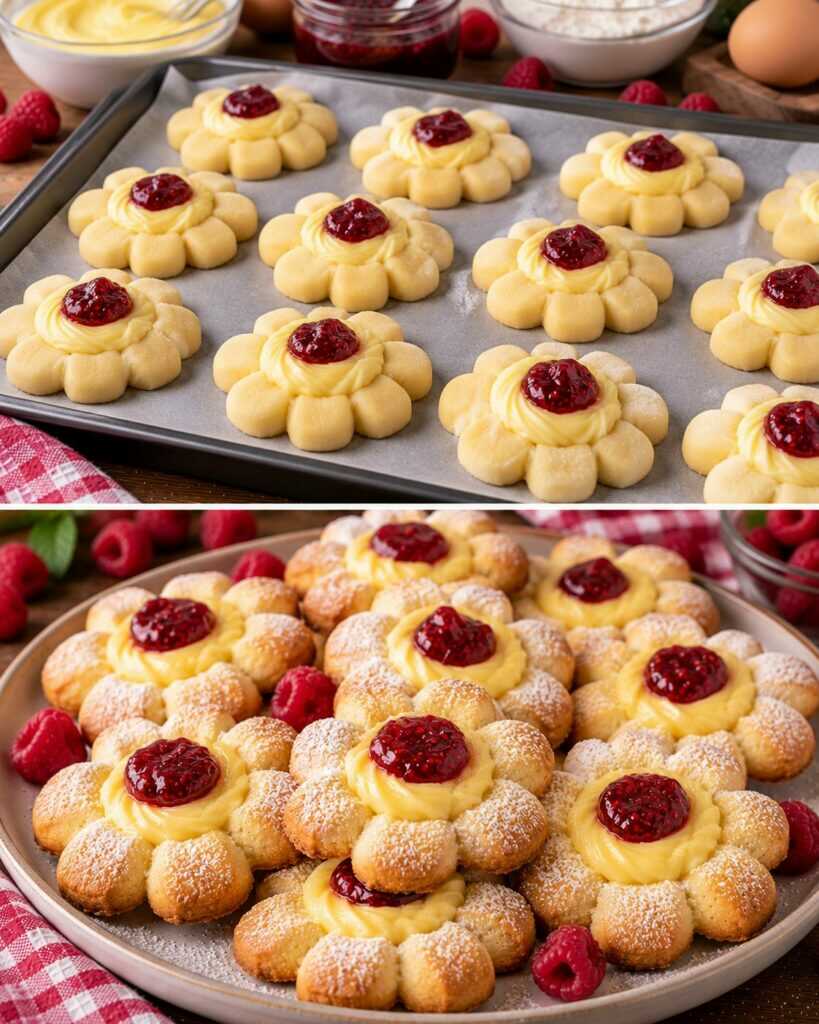 Biscotti a Fiore con Crema Pasticcera e Confettura di Lamponi