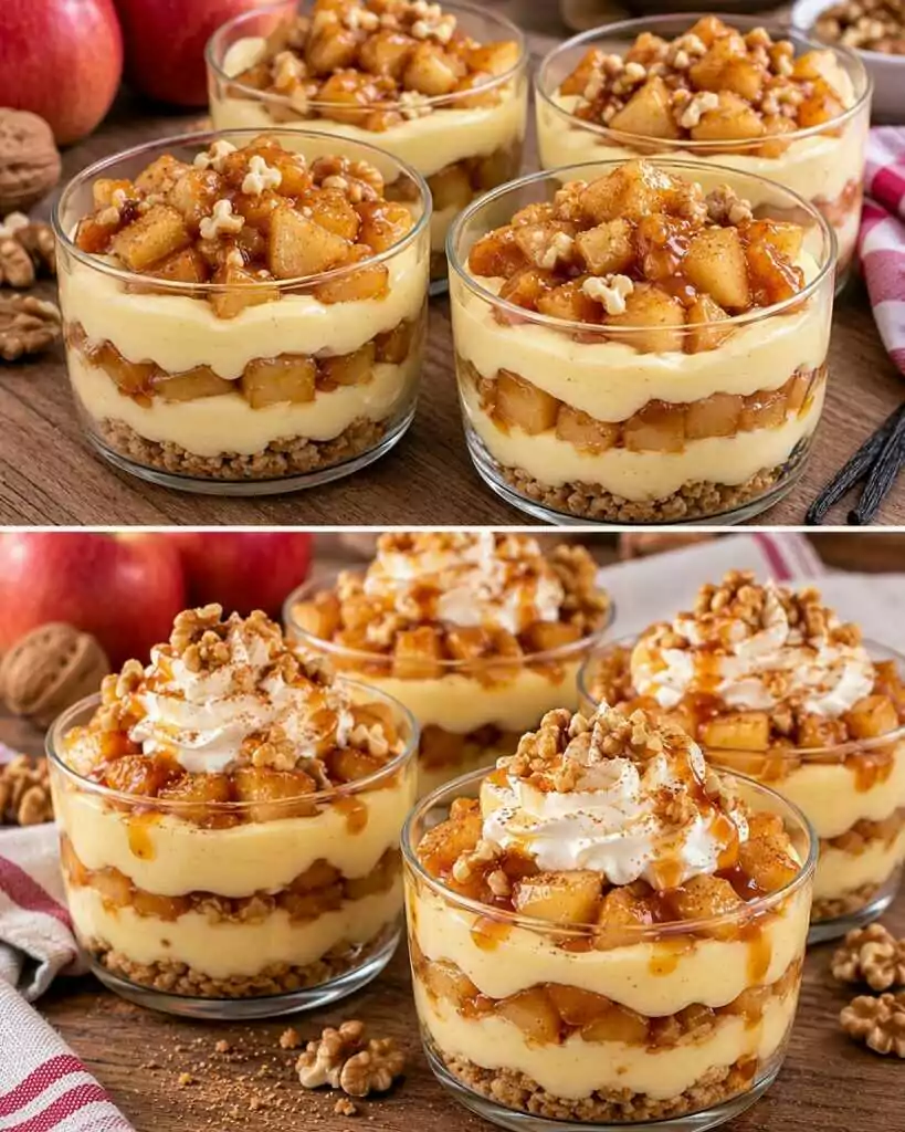 Coppe di Crema alla Vaniglia con Mele Caramellate e Noci
