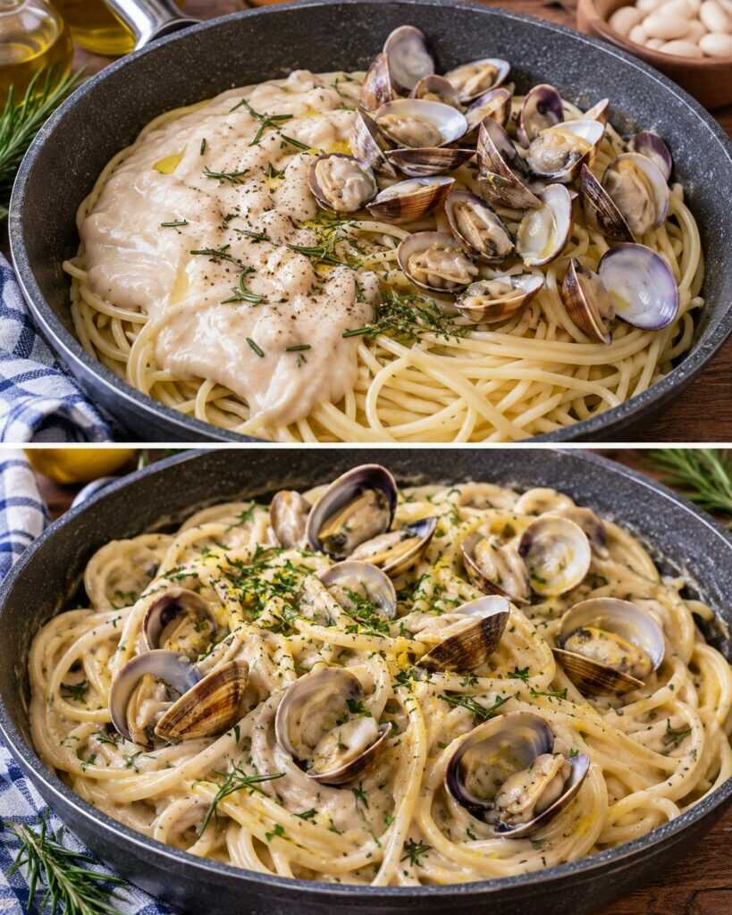 Spaghetti con Crema di Cannellini, Vongole e Rosmarino