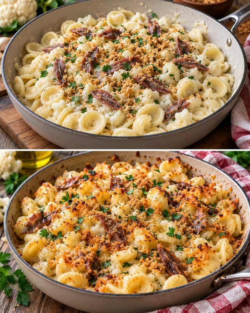 Orecchiette con Crema di Cavolfiore, Acciughe e Mollica Croccante