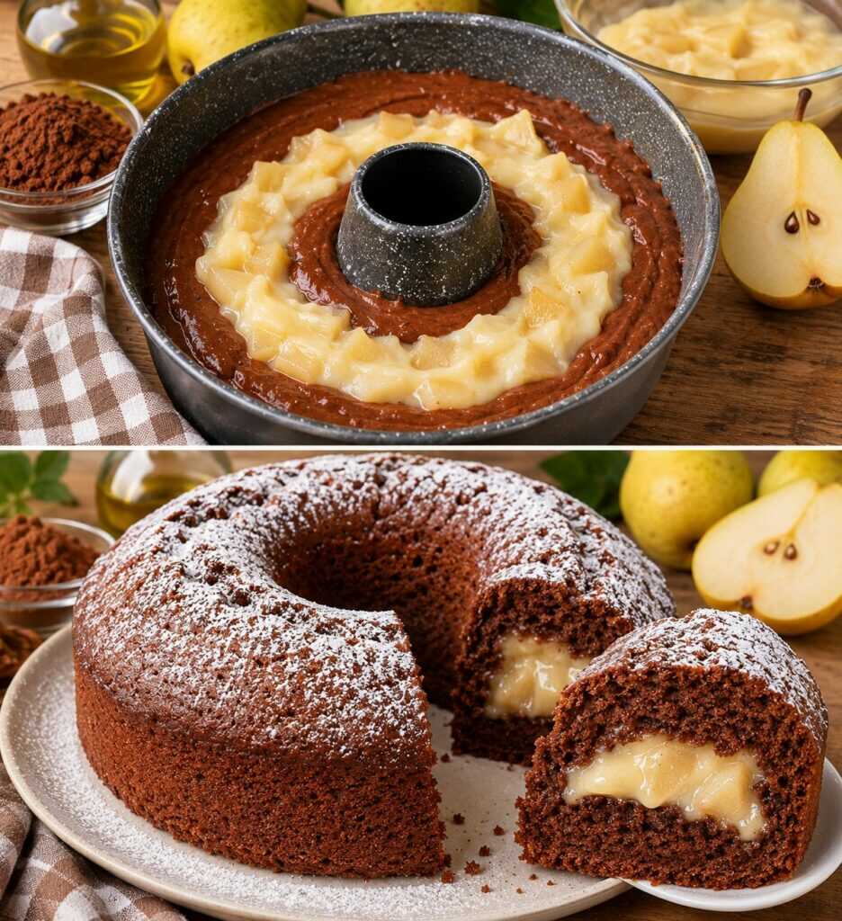 Ciambellone al Cacao e Olio d&rsquo;Oliva con Cuore di Crema alle Pere