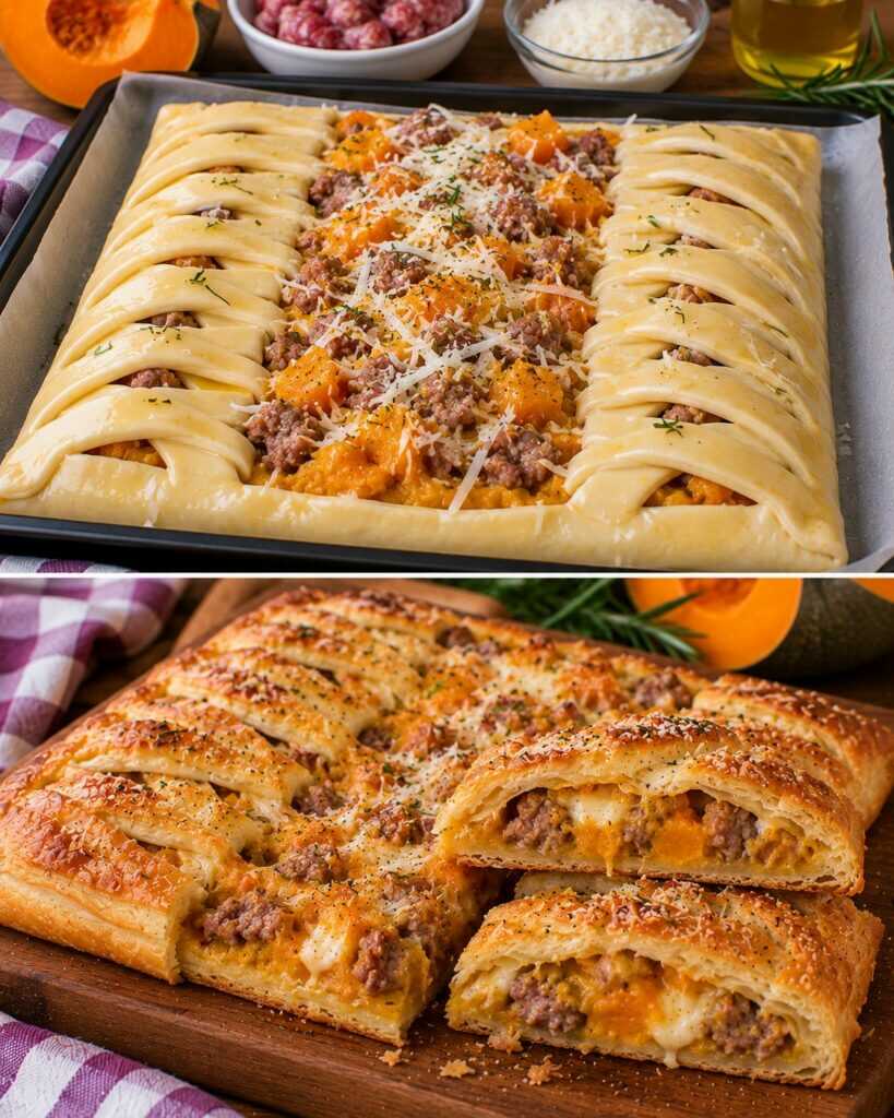 Rustico di Pasta Sfoglia con Salsiccia, Crema di Zucca e Pecorino
