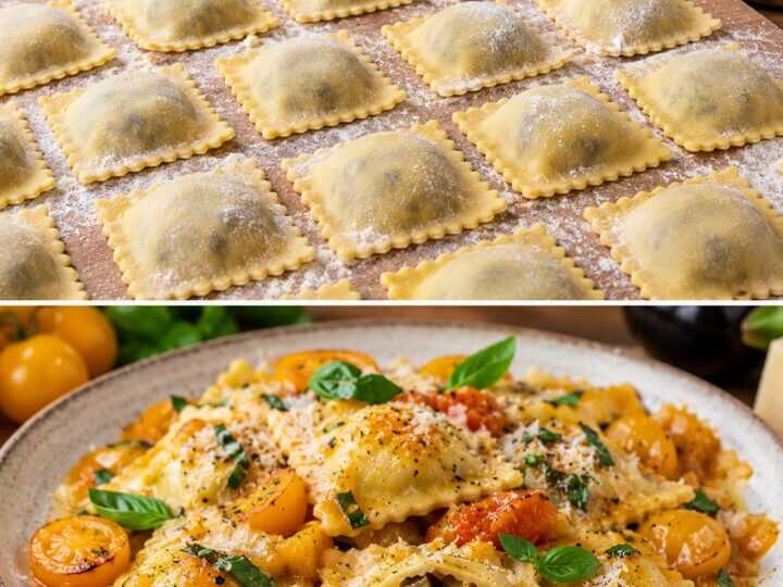Ravioli Ripieni di Melanzane Affumicate e Scamorza con Salsa di Pomodorini Gialli