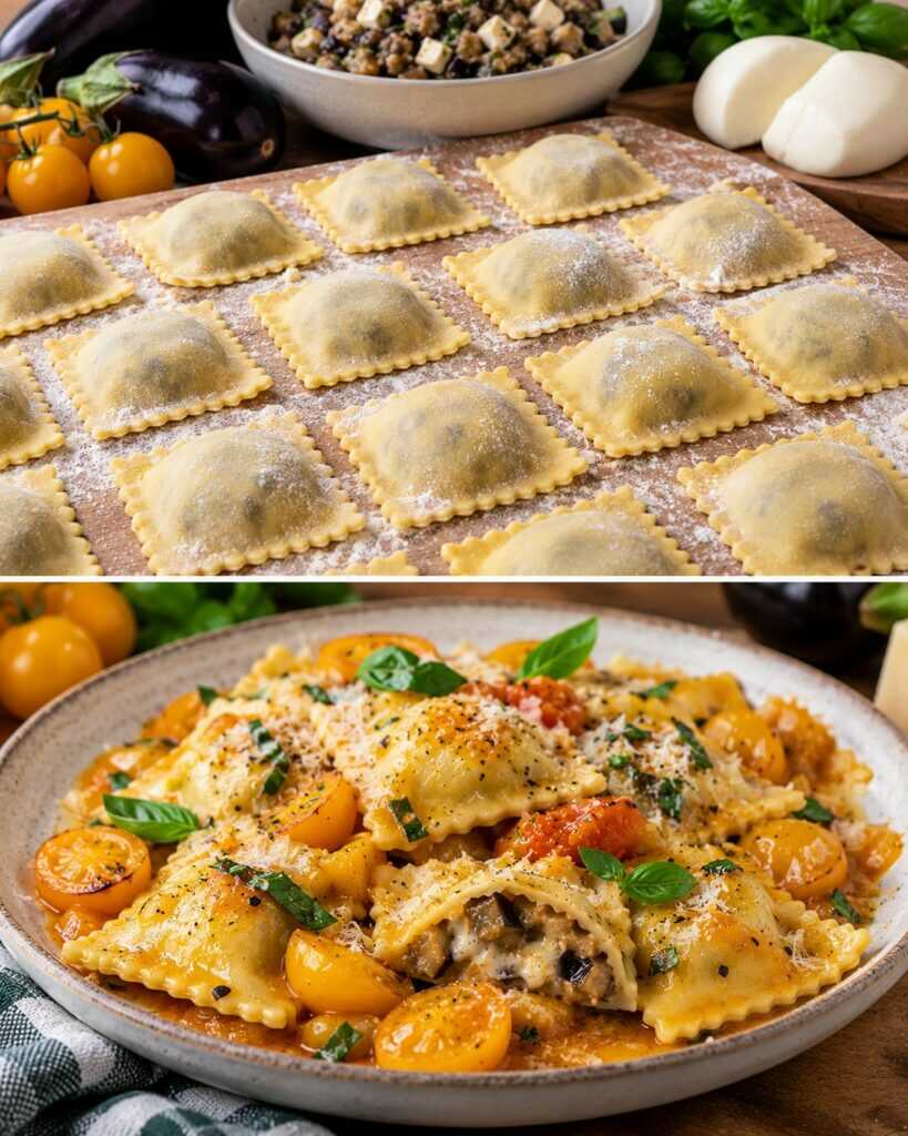 Ravioli Ripieni di Melanzane Affumicate e Scamorza con Salsa di Pomodorini Gialli