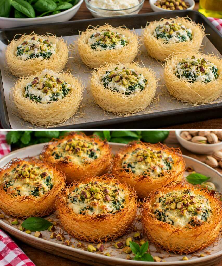 Cestini Croccanti di Pasta Kataifi con Ricotta, Spinaci e Pistacchi