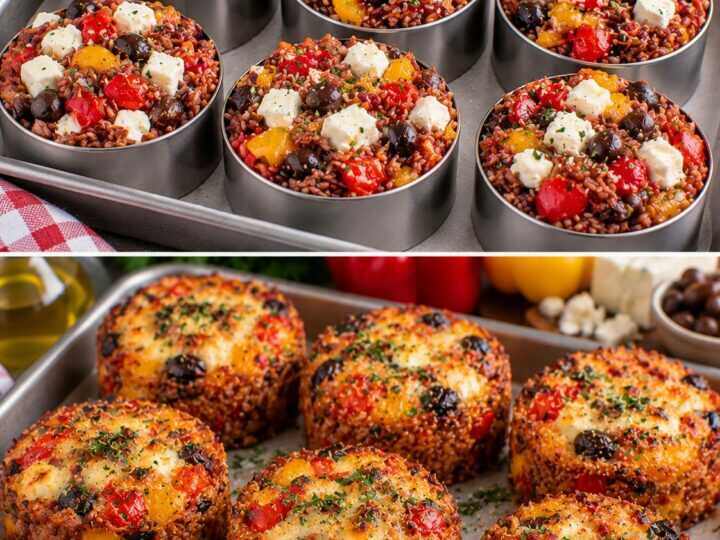 Timballini di Riso Rosso con Peperoni, Feta e Olive Taggiasche
