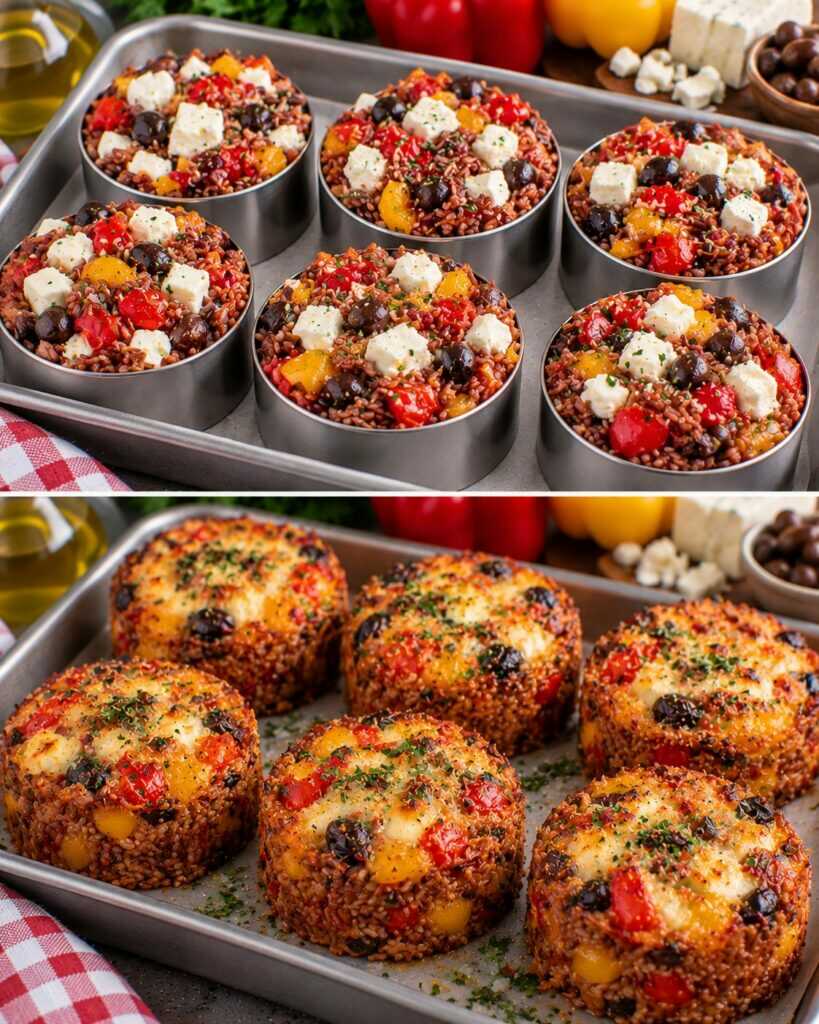 Timballini di Riso Rosso con Peperoni, Feta e Olive Taggiasche