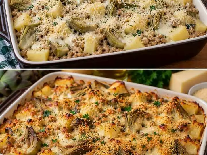 🥘 Farro Gratinato con Carciofi, Patate e Fonduta di Pecorino
