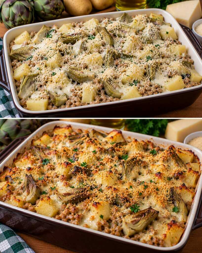 🥘 Farro Gratinato con Carciofi, Patate e Fonduta di Pecorino