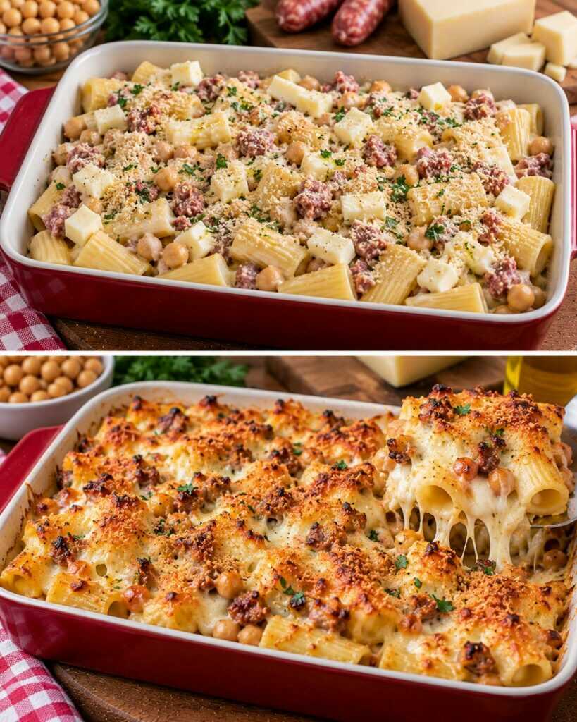 Rigatoni al Forno con Crema di Ceci, Salsiccia e Provola