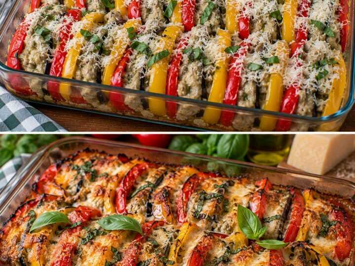 Peperoni a Strati con Crema di Melanzane, Parmigiano e Basilico